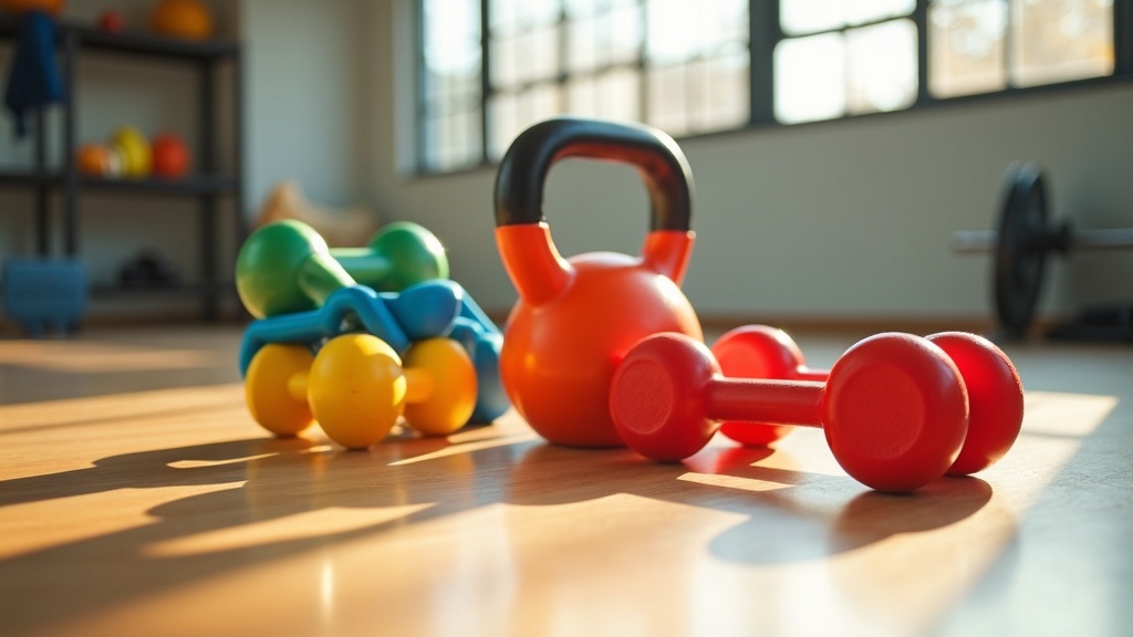 A set of brightly colored dumbbells, kettlebells, and resistance bands arranged on a wooden gym floor with sunlight streaming in.